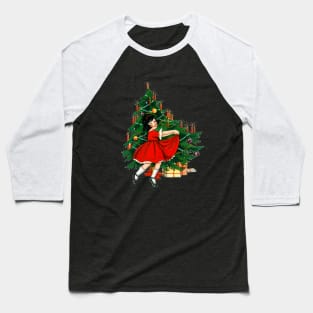 Christmas Tree with Cute Little Girl in Red Dress Vintage Baseball T-Shirt